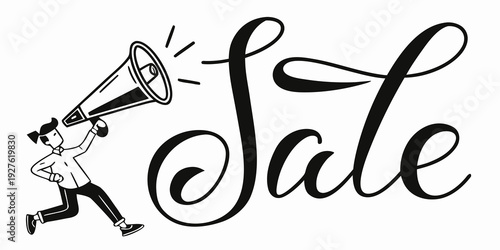 A vintage style sale announcement with a megaphone graphic and cursive font. Vector