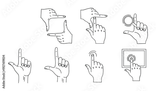 Black and white line of hands interacting with touchscreens and devices fingers