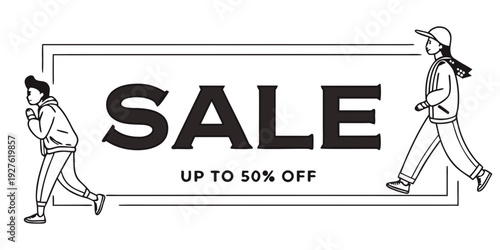 A sale sign with a man and woman walking in front of it Vector