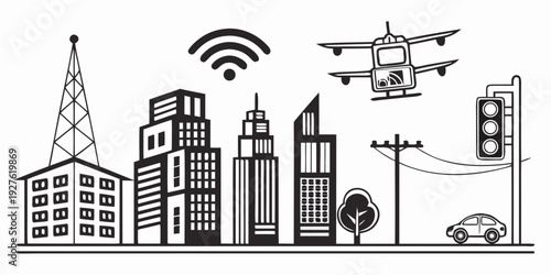 Modern cityscape with advanced communication and surveillance technology Vector