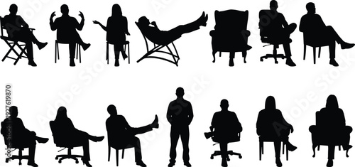 People sitting on chairs silhouettes collection isolated on white background, men and women in various seated poses vector set