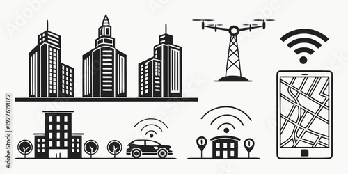 A cityscape with various buildings, infrastructure, and technology icons. Vector