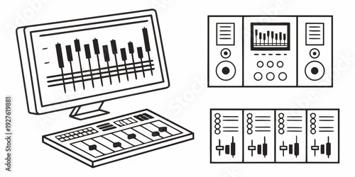 A collection of vintage electronic devices and components on a wooden table Vector