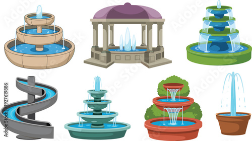 Decorative fountain vector set with garden water features, tiered and modern designs illustration collection for landscape architecture, park decoration, and outdoor design projects