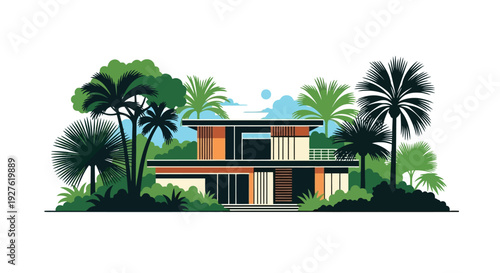 Modern house surrounded by lush tropical foliage and a serene sky