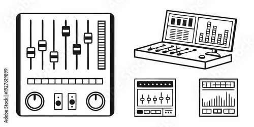 A collection of various audio editing and mixing equipment and software interfaces. Vector