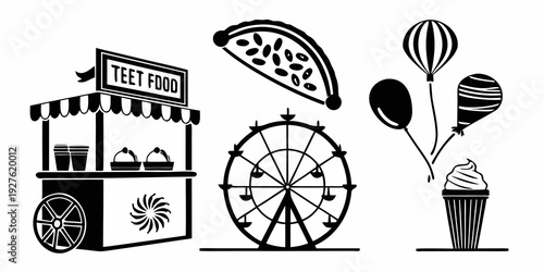 Assorted black and white illustrations of a lemonade stand, watermelon slice, and hot air balloon. Vector