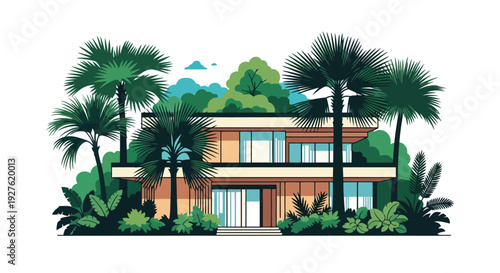 Modern house nestled among lush tropical palm trees and vibrant greenery