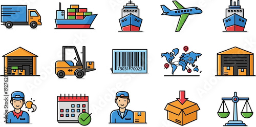 A comprehensive set of logistics and shipping icons, featuring various modes of transport, warehousing, delivery personnel, and related concepts like barcodes, global shipping, and scheduling.