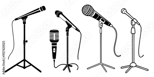A variety of microphones on stands for different audio recording and broadcasting purposes Vector