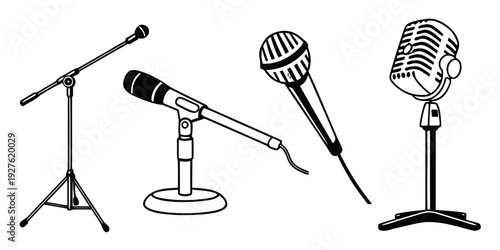 Four different types of microphones on stands and a table Vector