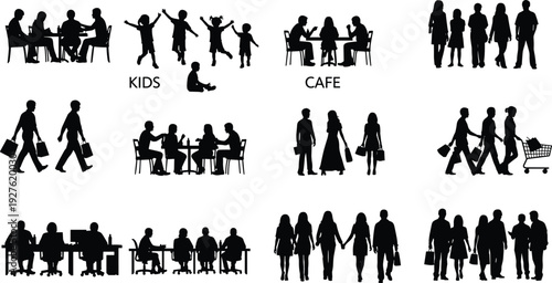 People silhouettes collection featuring kids, cafe visitors, office workers and shoppers isolated on white background lifestyle vector set