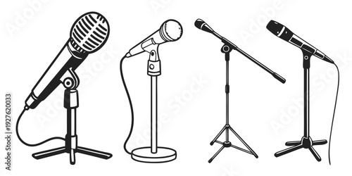 Four different types of microphones on stands in a row. Vector