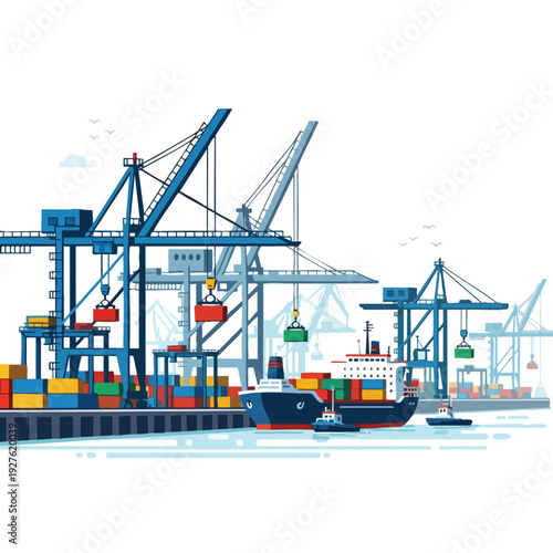 Modern Container Port with Cargo Ships and Cranes for Maritime Logistics