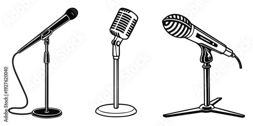 Three different types of microphones on stands in a line. Vector
