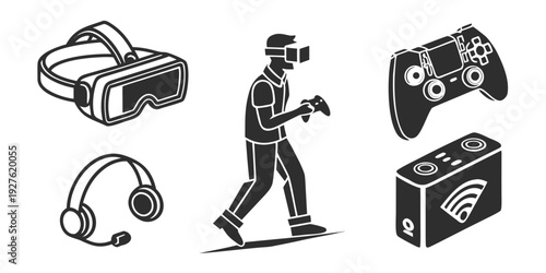 Person playing video games with various gaming equipment around them Vector