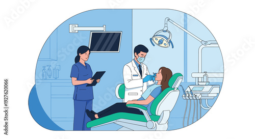 Dentist Examining Female Patient in Modern Dental Clinic with Nurse Assistance Flat Vector Illustration