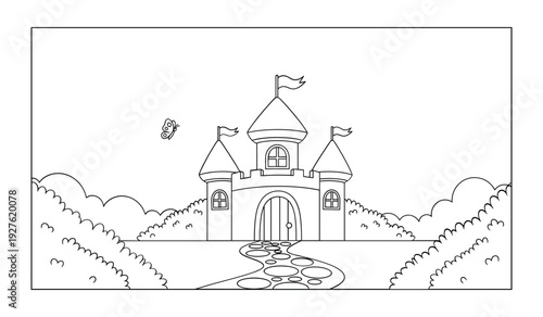 Black and white line of a castle with four towers flags and a bridge over a moat