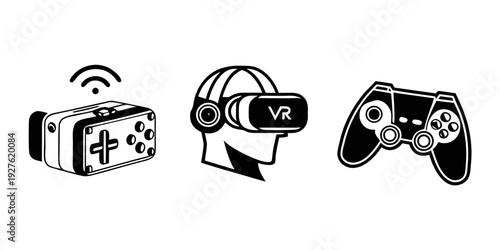 Gaming equipment including a virtual reality headset and controllers Vector
