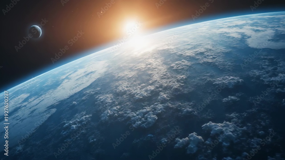 Fototapeta premium Captivating View of Earth from Space with the Sun Rising on the Horizon, Illuminating the Clouds and Offering a Stunning Perspective of Our Planet