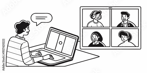 A person is engaged in a video conference call with four other participants. Vector