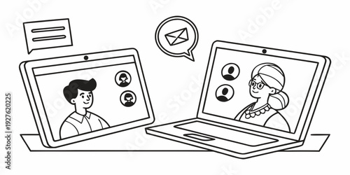 Two people having a video call on their laptops with a cat and a dog nearby Vector