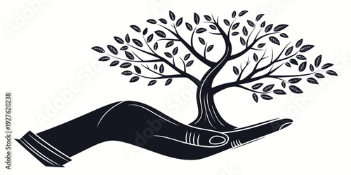 A delicate hand cradles a flourishing tree, symbolizing growth and nurturing. Vector
