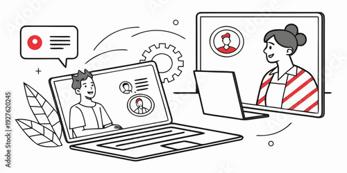 Two people are working on their laptops while having a video call Vector