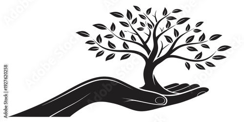 A delicate hand cradles a tree growing from a winding river. Vector