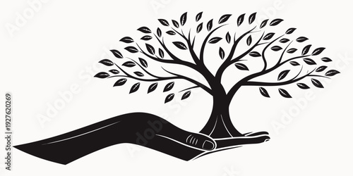 A serene tree growing from an open book on a dark background Vector