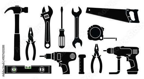 Collection of black silhouette tools including hammers wrenches and power drills