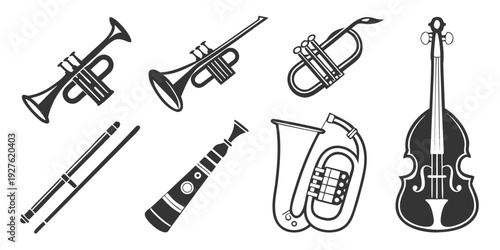 Illustration of various musical instruments including brass and woodwind types. Vector