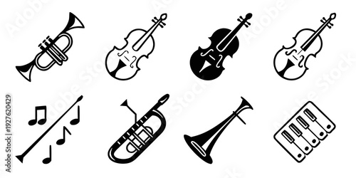 A collection of musical instruments including a trumpet, trombone, violin, and piano. Vector