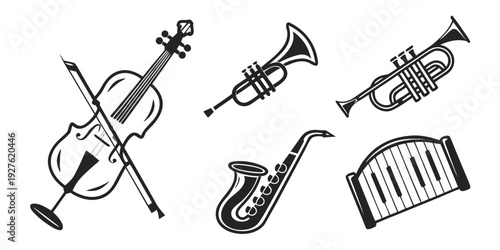 A collection of various musical instruments including a violin, saxophone, trumpet, and xylophone. Vector
