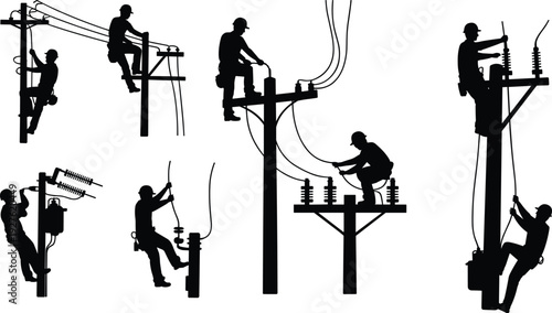 Electrician workers silhouettes on power poles repairing lines, electrical maintenance and utility service concept, vector illustration of technicians working with high voltage equipment