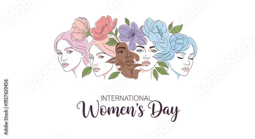 Illustration of diverse women's faces with flowers for International Women's Day on March 8, promoting gender equality and empowerment.