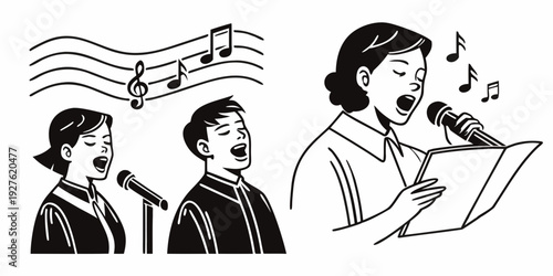 A group of people singing together with musical notes above their heads Vector