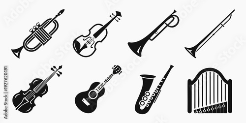 A collection of various musical instruments including string and wind types Vector