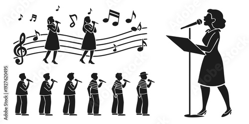 A conductor leads a diverse group of musicians playing various instruments. Vector