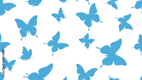 Swarm of solid blue butterfly silhouettes in various sizes and flight positions creates a dynamic and airy seamless pattern on a white background.