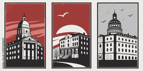 Three buildings with flags and an airplane in the sky Vector
