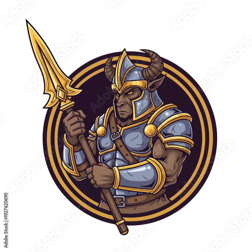 Powerful Horned Warrior in Full Armor Holding a Golden Spear.