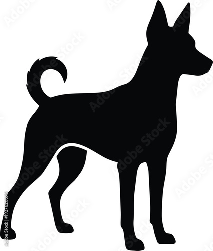Black dog silhouette standing with curled tail and pointed ears, loyal canine companion profile for animal rescue and pet branding, flat vector.