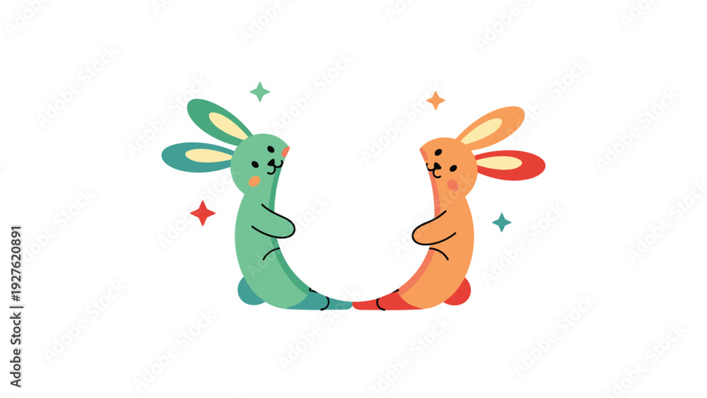 Fototapeta premium Two cute stylized rabbits in green and orange colors facing each other with twinkling stars on a clean white background.