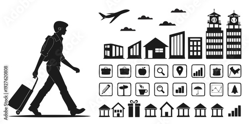 A person traveling with a suitcase surrounded by various travel-related icons Vector