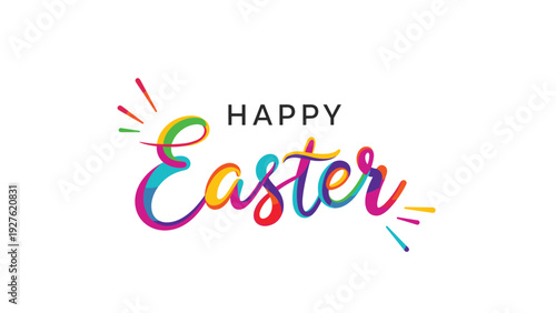 Colorful happy easter greeting text design with vibrant rainbow colored brush strokes isolated on a clean white background.