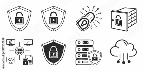 Collection of icons representing various aspects of cybersecurity and data protection. Vector