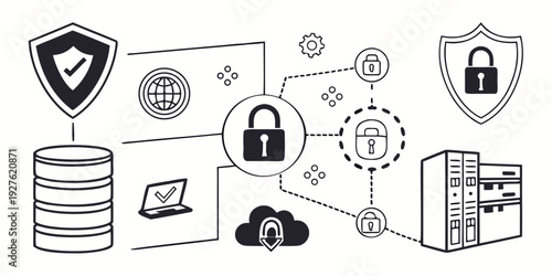Illustration of various cybersecurity icons and symbols representing data protection and security. Vector