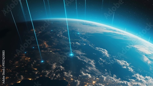 A Stunning Visualization of Earth from Space with Luminous Beams and a Vibrant Blue Atmosphere, Capturing the Beauty of Our Planet in the Cosmos