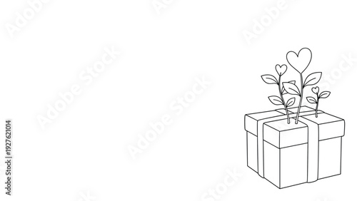 Simple black and white line drawing of a wrapped gift box with plants that have heart shaped leaves growing from the top.